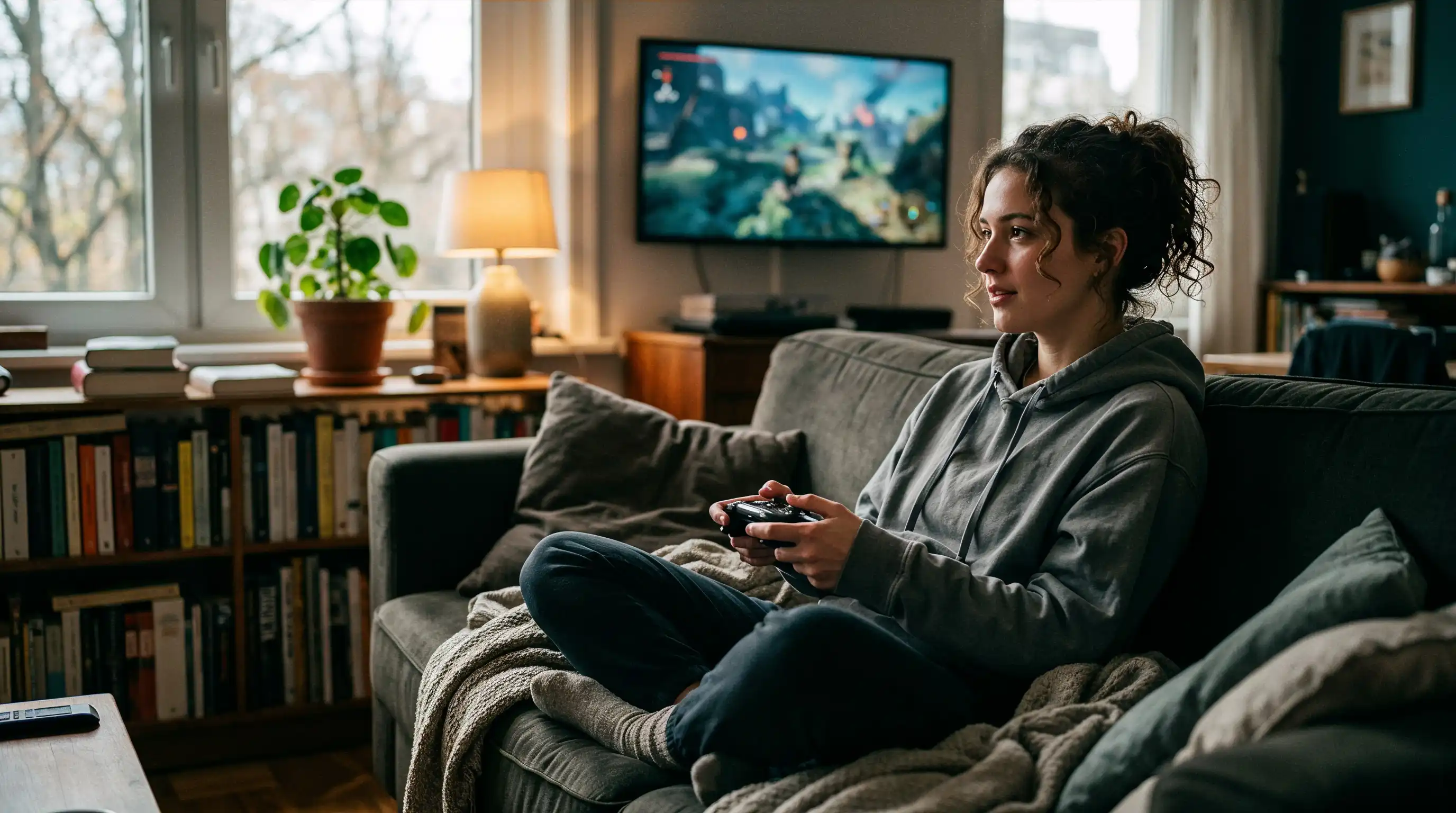 Candid gamer at home