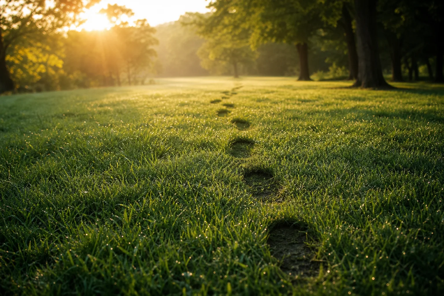 Footsteps pressed into green grass