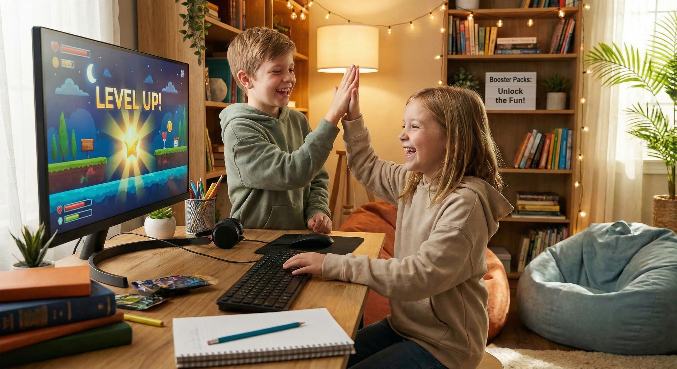 Kids high-fiving at a computer