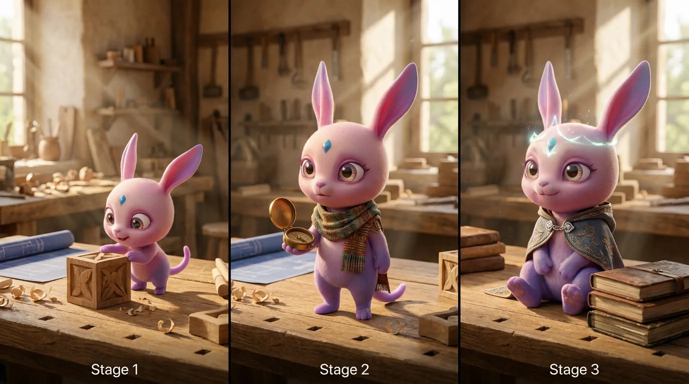 A distinctive anime and cosplay-inspired companion depicted through three sequential stages of experience and growth