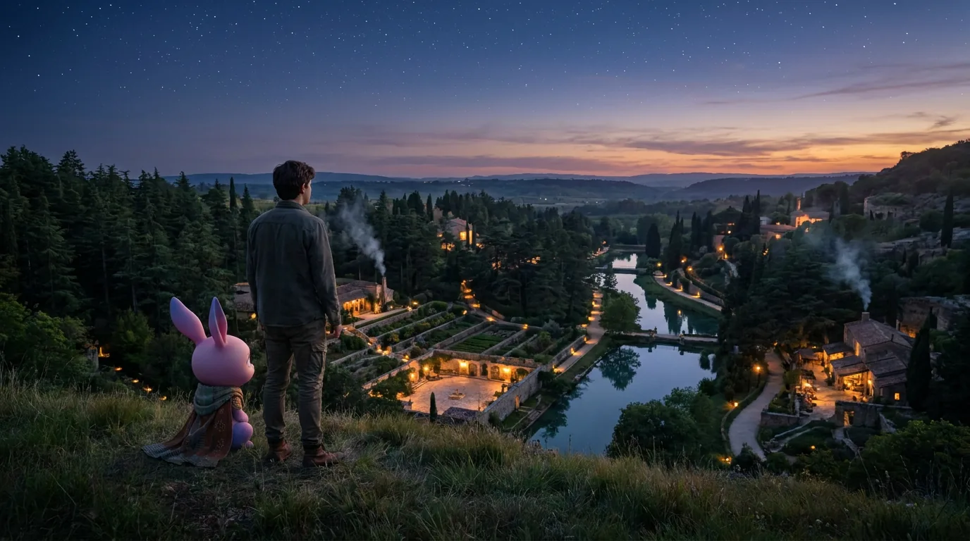 A tranquil living world at night with lights on and ambient activity continuing while the session rests