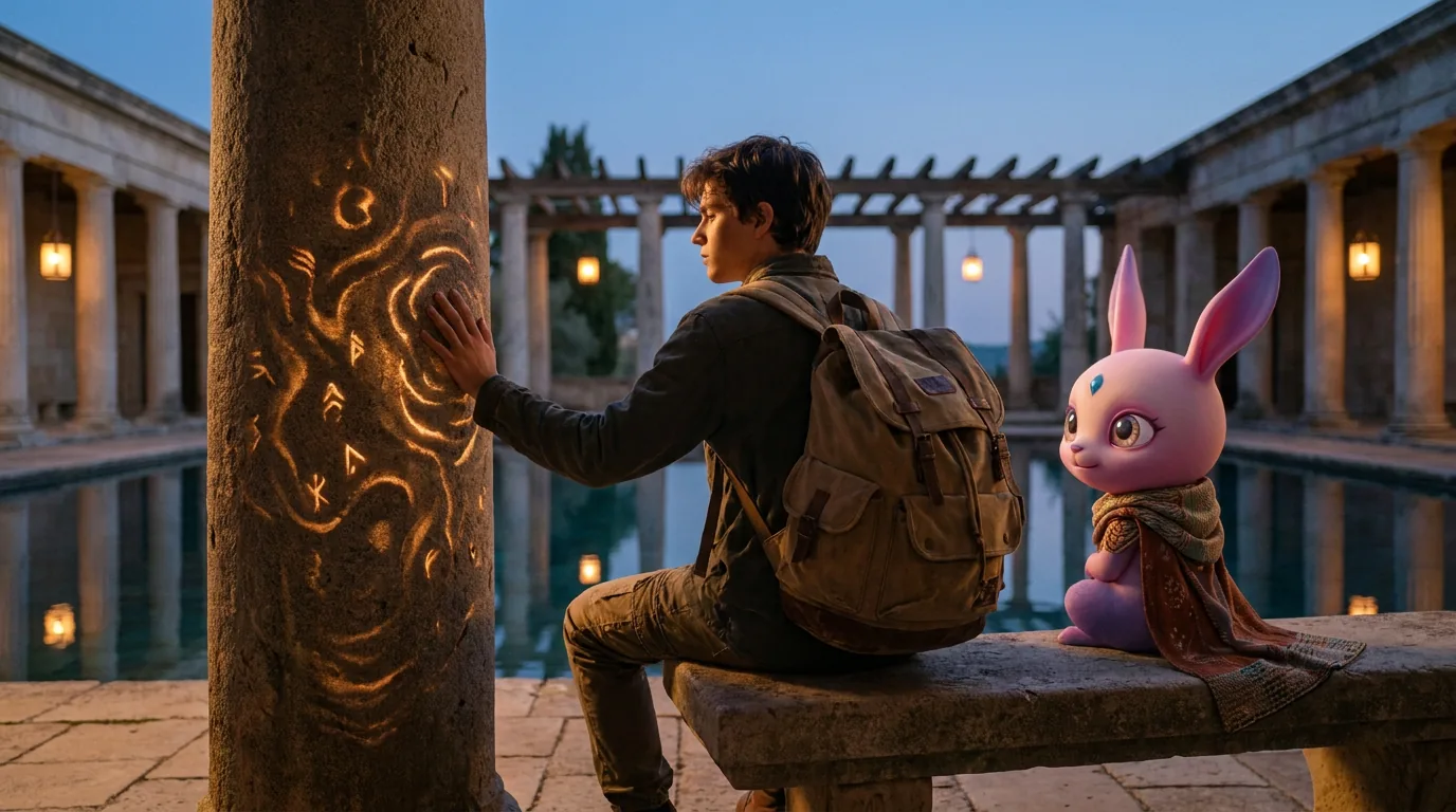 A person standing at dawn beside an evolving AI companion in a persistent digital landscape